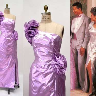 Vintage Metallic 80s Prom Dress Small Medium Purple Lame// 80s Vintage Purple Metallic Party Dress Pageant Ruffle Sequin Barbie Mike Benet 