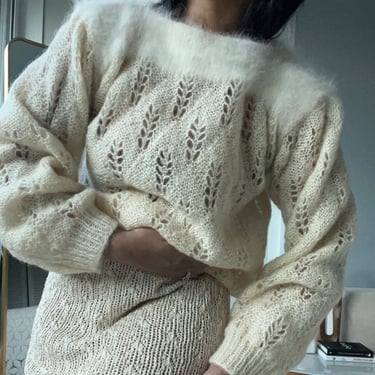 vintage angora trim textured open knit  puff sleeve sweater 