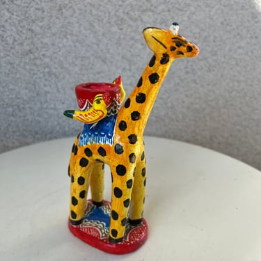 Vintage Mexican Folk art pottery colorful giraffe & bird figurine candleholder size 7.5” x 2” x 3” 