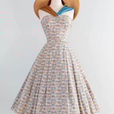 Fabulous 1950's Cotton Sundress With Two Tone Halter Straps / S
