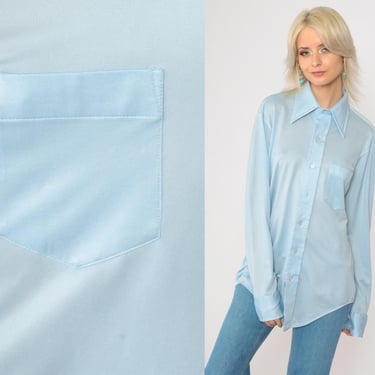 70s Button Up Shirt Baby Blue Disco Oxford 1970s Dagger Collar Pocket Shirt Vintage Long Sleeve Retro Plain Men's 15 1/2 33 Medium 