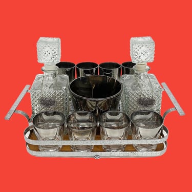 Vintage Decanter and Glasses Set Retro 1960s Mid Century Modern + Dorothy Thorpe Style + 12 Piece Set + Silver Reflective Glass + Barware 