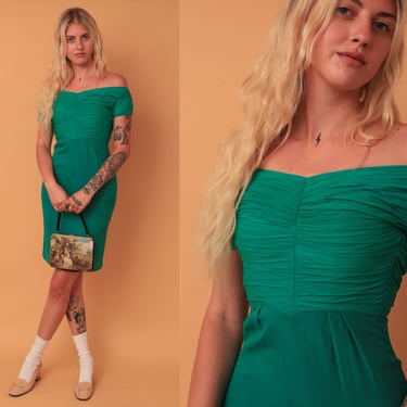 Vintage 1950s Green Crepe Silk Off The Shoulder Body Con Mini Dress 
