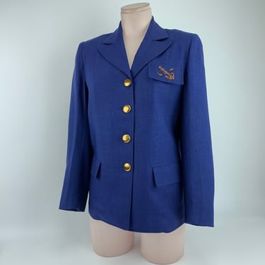 1960's Yachting Jacket - Anchor Pocket Crest - Blue Rayon - Shinny Brass Buttons  - Size Medium 