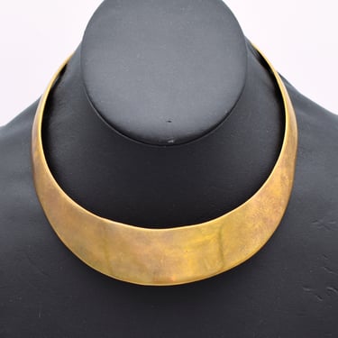 70's brass tribal boho torque collar, handcrafted smooth graduated metal adjustable necklace 