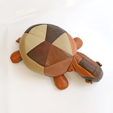 Vintage Patchwork Leather Therapeutic Stuffed Turtle Toy Tortoise Retro Modernist Bauhaus Foot Stool Pouf Decorative Pillow Kids Organic 