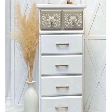 Beautiful White Lingerie Chest of Drawers/ Tall Chest Armoire/Bohemian Style Dresser 