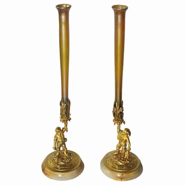 Pair of Louis Comfort Tiffany Bronze, Marble &amp; Favrile Glass Vases