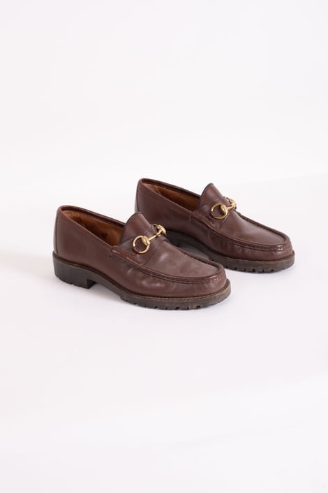 Vintage GUCCI Lug Sole Brown Leather Horsebit Loafers with Gold Backroom Clothing Los Angeles CA