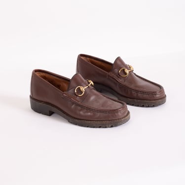 Vintage GUCCI Lug Sole Brown Leather Horsebit Loafers with Gold