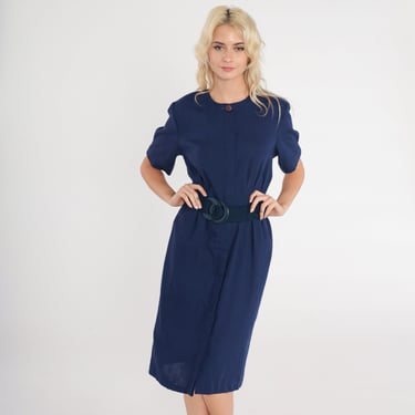 80s Pencil Dress Navy Blue Button Up Midi Dress Short Sleeve High Waisted Belted Secretary Dress Sheath Plain Vintage 1980s Petite Medium 10 