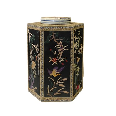 Chinese Black Hexagon Container Flower Birds Embroidery Porcelain Cover ws2659E 
