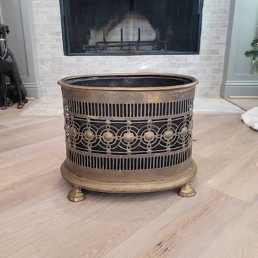 Antique English Regency Style Reticulated Brass Coal Hod Fireplace Bucket - Jardiniere Planter with Liner on Paw Feet 