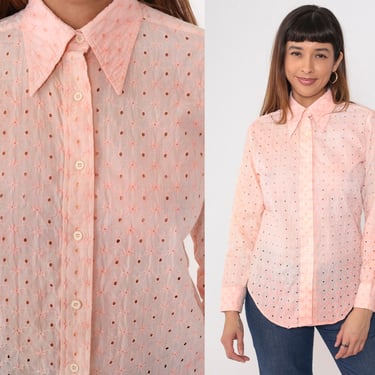 Eyelet Lace Blouse 70s Baby Pink Button Up Shirt Dagger Collar Disco Shirt Long Sleeve Top Retro Pastel Seventies Vintage 1970s Small Medium 