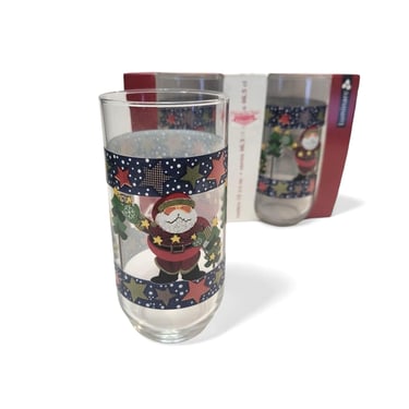 Vintage Metro Cooler Country Santa Glasses, NOS Set of 4 Luminarc Glass Tumblers, Farmhouse Gingham Plaid Christmas, Holiday Kitchen 