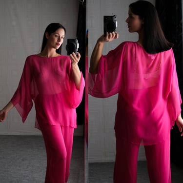 Vintage Diane Von Furstenberg Silk Assets Hot Pink Sheer Silk Pullover Kimono Cut Blouse | 100% Silk | Y2K DVF Designer Barbie Pink Silk Top 