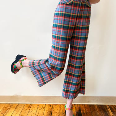 70’s Super High Rise Plaid Bell Bottom Cropped Hippie Pants