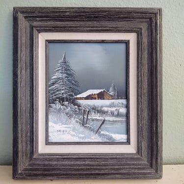 Vintage 15.5" x 14" Moody Winter Cabin Wood Framed Oil Painting by M.Fox Vintage Art Wall Décor Home Décor 