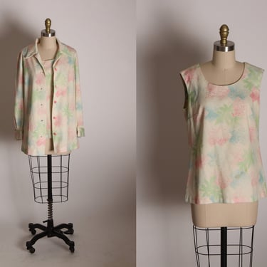 1970s Cream, Pink, Blue and Green Floral Leaf Print Polyester Sleeveless Blouse with Matching Button Up Long Sleeve Jacket Two Piece 