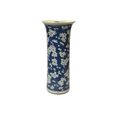 Vintage Chinese Blue White Blossom Wide Mouth Column Porcelain Vase ws4329E 