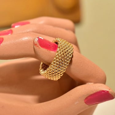 Vintage Tiffany & Co. 18K Yellow Gold Mesh Ring, 10mm Flexible Band, Solid 750 Gold, Timeless Gold Ring, Size 8 3/4 US 