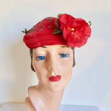 1950's Red Velvet Calot Style Hat Rose and Buds Green Leaves 50's rockabilly Christmas Holiday Millinery Valerie Modes 