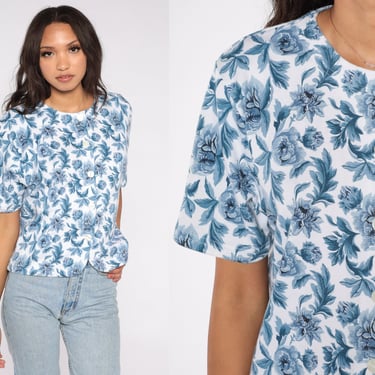 90s Floral Blouse Blue White Flower Print Short Sleeve Shirt Boho Button Up Top Collarless Bohemian Vintage Cotton Polyester Large L 