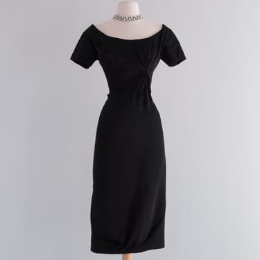 Iconic 1950's Black Silk Crepe Cocktail Dress By Ceil Chapman / Waist 30