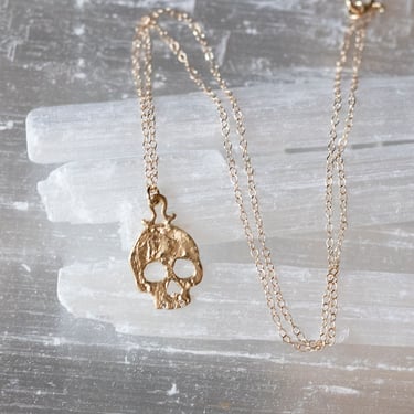 14k Gold Skull with Diamond Teeth Necklace