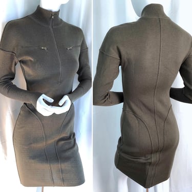 80s ALAIA Knit Dress, DOCUMENTED Couture, Minimalist Sweater Dress, 1986 Azzedine Alaia, French Vintage Couture, Olive Green Knit Midi Dress 