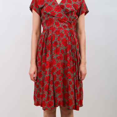 1950s Red and Green Floral Shirtdress with Oversized Collar