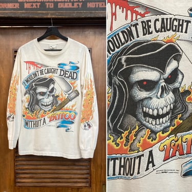 Vintage 1980’s Dated 1989 Grim Reaper Tattoo Motorcycle Magazine “Easy Riders” Long Sleeve Tee Shirt, 80’s T Shirt, Vintage Clothing 