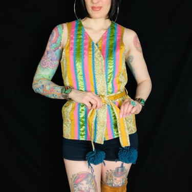 Vintage 1970's Striped Patchwork Quilted Embroidered Festival Hippie Vest w/ Matching Belt & Pom Poms - One size fits many 