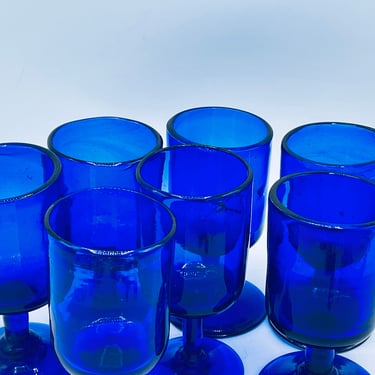 Pretty Set of (7) Cobalt Blue Juice Glasses-Blown glass-Mexico 