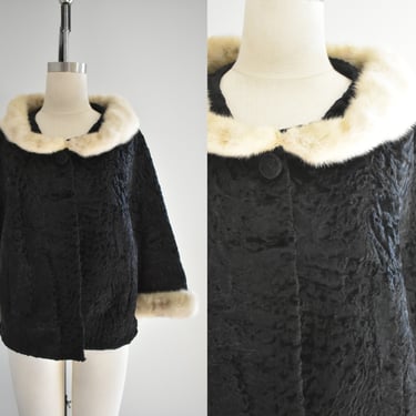 1950s Black Broadtail Lamb Coat with Fur Collar 