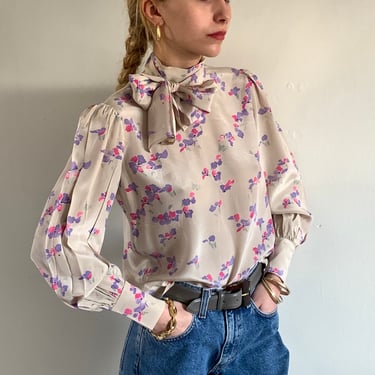 70s semi sheer silk blouse / vintage sheer beige silk floral watercolor print ascot pussy bow back button blouse top | Small 