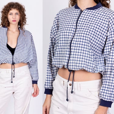 80s 90s Plaid Zip Up Cropped Jacket - One Size | Vintage Grunge Lightweight White Blue Slouchy Crop Top Bomber 