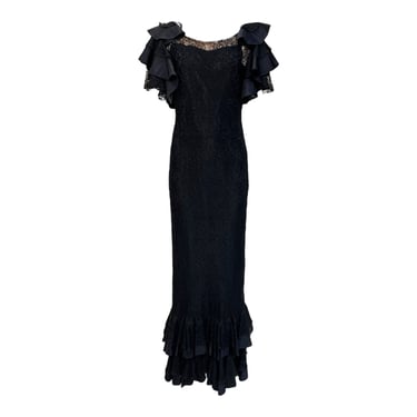 1930's Black Lace Dramatic Flutter Sleeve Mermaid Gown