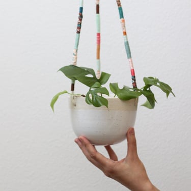 Handmade Hanging Ceramic Planter - Speckled White Flower Pot - Clay Basket Hanger - Modern Pottery - Plant Holder - Indoor Garden - Ceiling 