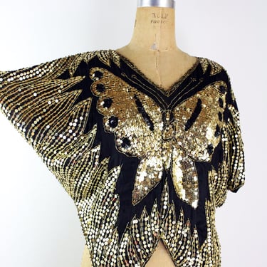 80s Silk Beaded Party Cocktail Butterfly Blouse / Sequined Butterfly Top / Party Blouse/ Statement Top /70s Disco / Size S/M 