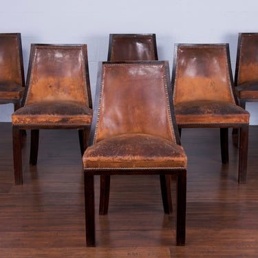 Vintage French Gondola Style Maple Dining Chairs W/ Original Brown Leather - Set of 6 