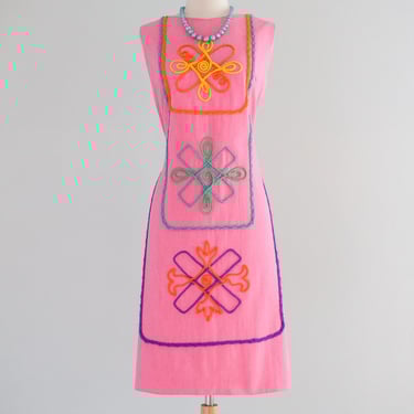 Vintage 1960's Bubblegum Pink Yarn Embroidered Shift Dress by Eddy George / M