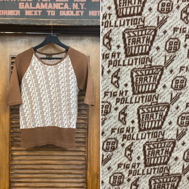 Vintage 1960’s Original Anti-Pollution Pop Art Cotton Knit Hippie Mod Pullover T-Shirt Top, 60’s Vintage Clothing 