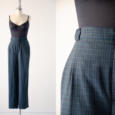high waisted pants | 80s 90s plus size vintage forest green navy plaid checkered pleated dark academia trousers 