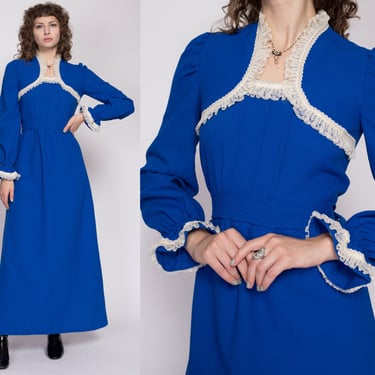 Small 70s Blue Victorian Lace Trim Maxi Dress | Vintage Long Sleeve Boho Prairie Gown 