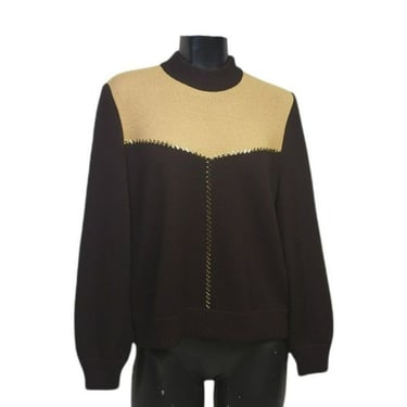 1990s Vintage St. John Collection Sweater by Marie Gray, Brown Color Block, Gold Paillettes Santana Knit Pullover, Made USA Vintage Clothing 