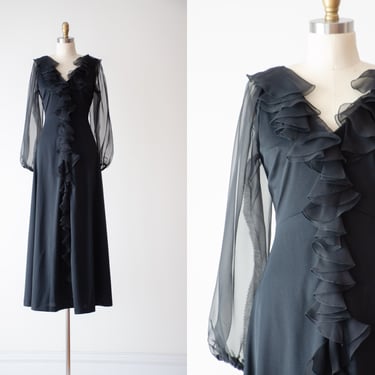 black maxi dress | 60s 70s vintage black chiffon gothic sheer sleeve ruffled floor length prom dress gown 