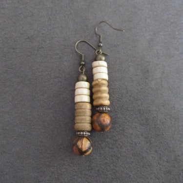 Orange Tibetan agate stone and wooden earrings 