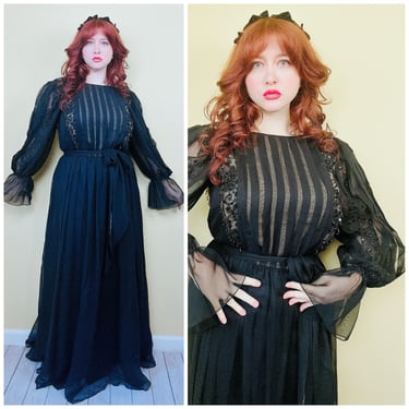 1980s Vintage Jack Bryan Black Chiffon Gown / 80s Beaded Pleated Puffed Sleeve Sheer Max Goth Dress / Size Large - XL 