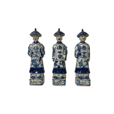 12.5" Chinese Blue White 3 Standing Ching Qing Emperor Kings Figure Set ws3710E 